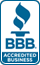 The Better Busines Bureau logo for an Accredited Business - A Flaming Torch above BBB Accredited Business. Logo is in blue.